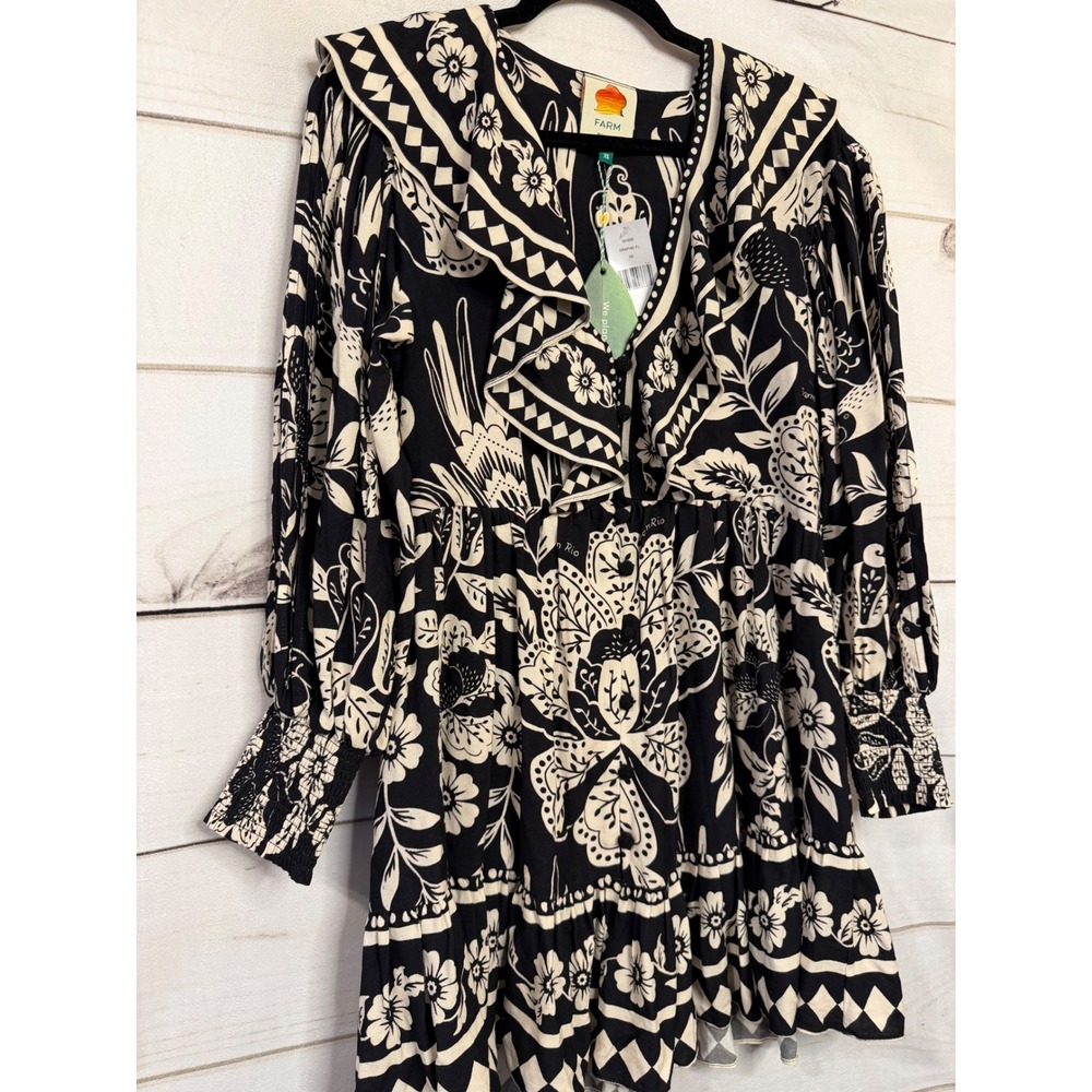 FARM Rio Graphic Floral Black Mini Dress With Ruffle Collar XS - Picture 2 of 6